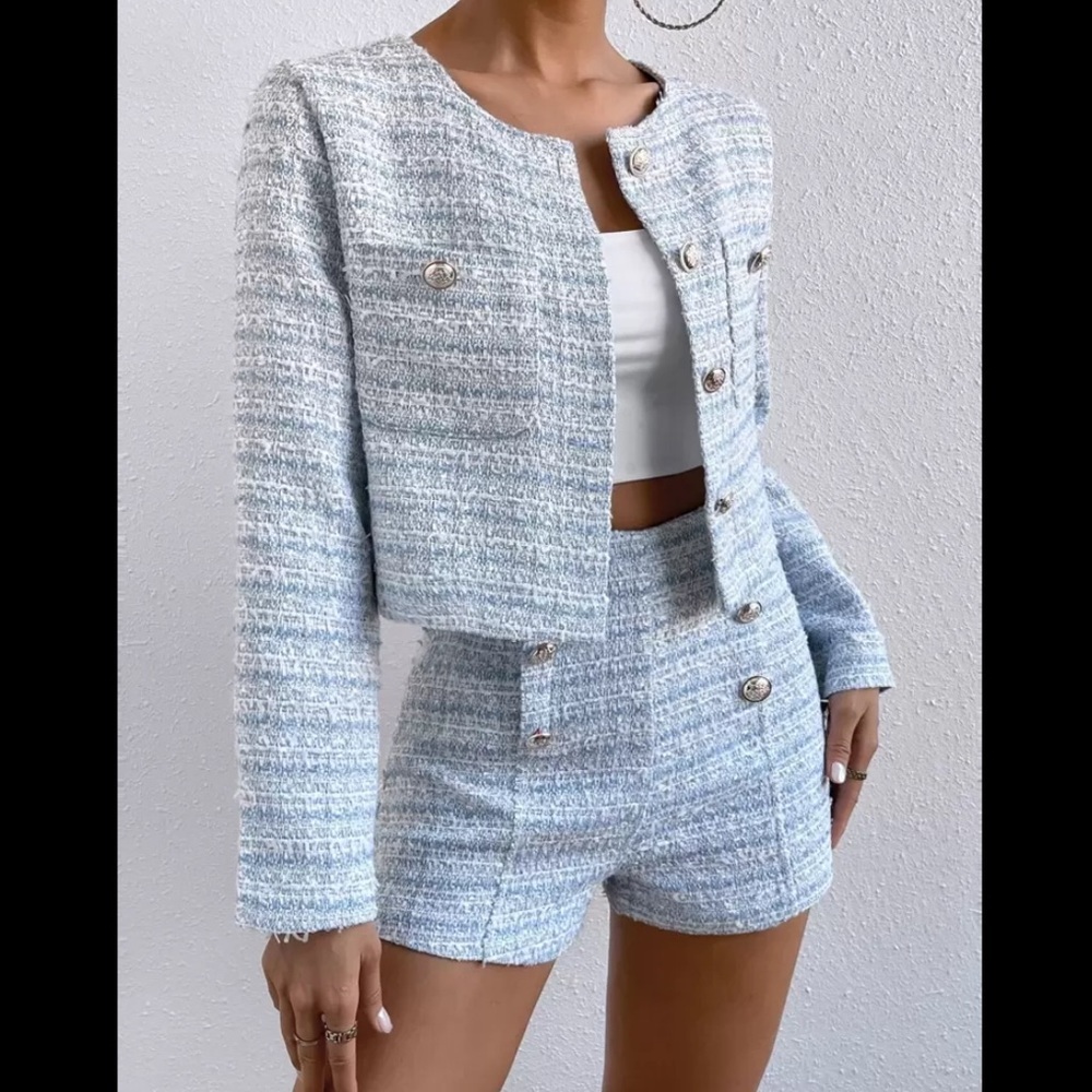 Cropped Tweed Jacket & High-Waist Shorts in Sky Blue, Size S - Picture 2 of 11